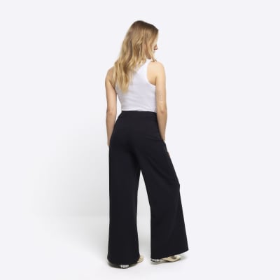 Petite black stitched wide leg trousers
