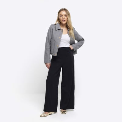 Petite black stitched wide leg trousers