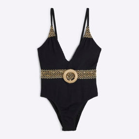 Petite Black Textured Plunge Neck Swimsuit