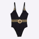 Petite Black Textured Plunge Neck Swimsuit