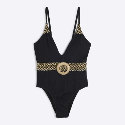 Petite Black Textured Plunge Neck Swimsuit