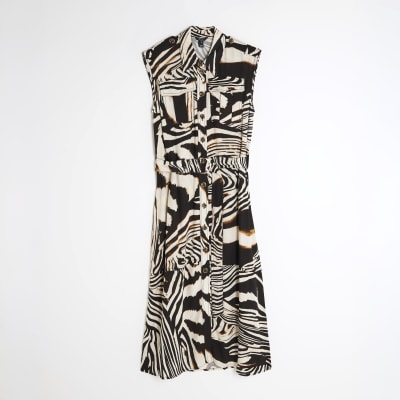 Petite Black Zebra Print Midi Shirt Dress