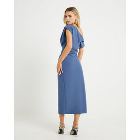 Petite Blue Asymmetric Drape Wrap Midi Dress