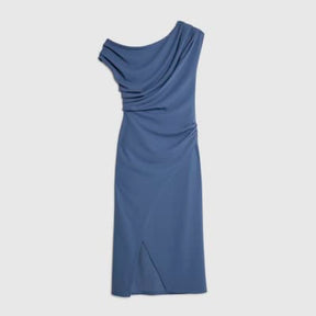 Petite Blue Asymmetric Drape Wrap Midi Dress