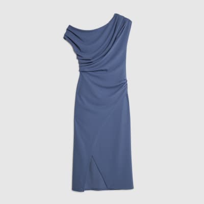 Petite Blue Asymmetric Drape Wrap Midi Dress