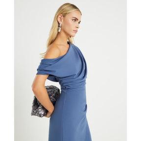 Petite Blue Asymmetric Drape Wrap Midi Dress