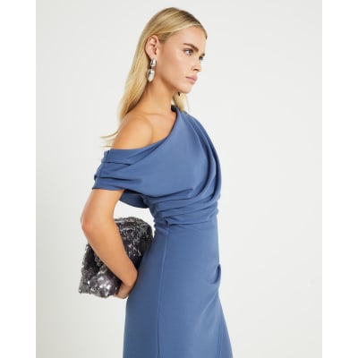 Petite Blue Asymmetric Drape Wrap Midi Dress