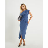 Petite Blue Asymmetric Drape Wrap Midi Dress