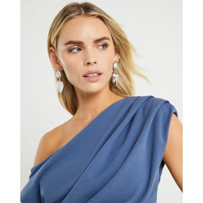 Petite Blue Asymmetric Drape Wrap Midi Dress