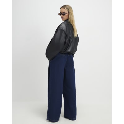 Petite Blue Belted Pleated Wide Leg Jeans
