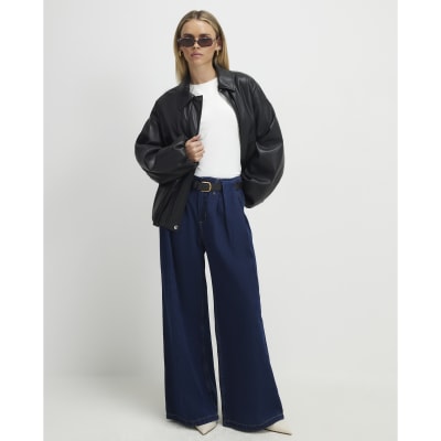 Petite Blue Belted Pleated Wide Leg Jeans