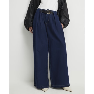Petite Blue Belted Pleated Wide Leg Jeans
