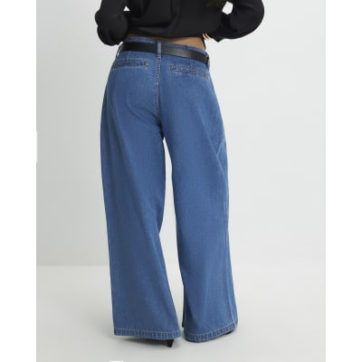 Petite Blue Belted Pleated Wide Leg Jeans