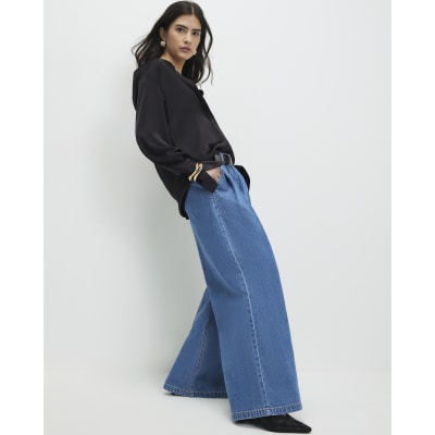 Petite Blue Belted Pleated Wide Leg Jeans