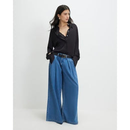 Petite Blue Belted Pleated Wide Leg Jeans