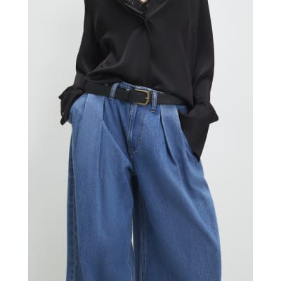 Petite Blue Belted Pleated Wide Leg Jeans
