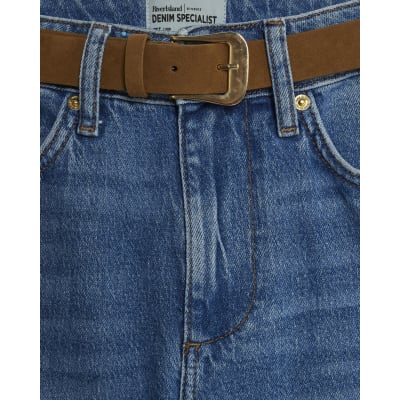 Petite Blue Belted Stretch Straight Leg Jeans