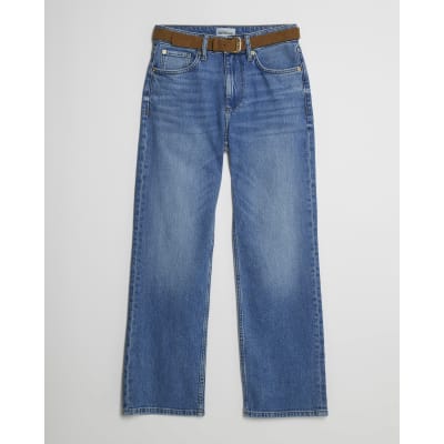 Petite Blue Belted Stretch Straight Leg Jeans