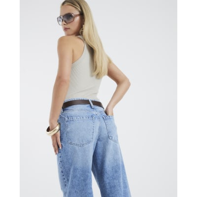 Petite Blue Belted Wide Leg Baggy Jeans