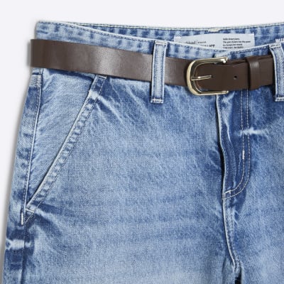 Petite Blue Belted Wide Leg Baggy Jeans