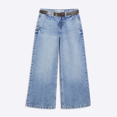 Petite Blue Belted Wide Leg Baggy Jeans