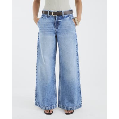 Petite Blue Belted Wide Leg Baggy Jeans