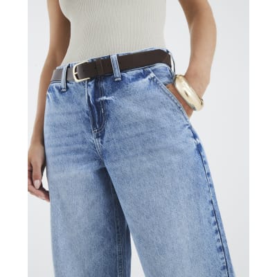 Petite Blue Belted Wide Leg Baggy Jeans