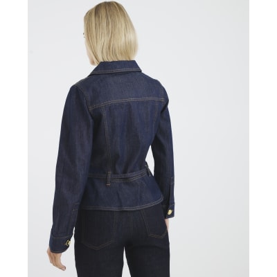 Petite Blue Denim Belted Peplum Jacket