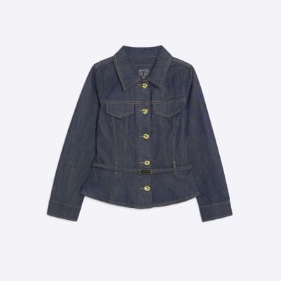 Petite Blue Denim Belted Peplum Jacket