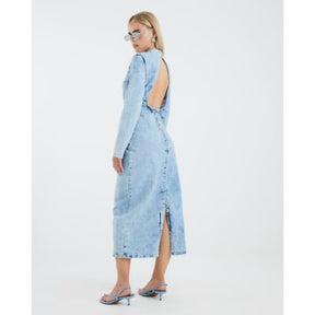 Petite Blue Denim Long Sleeve Midi Dress