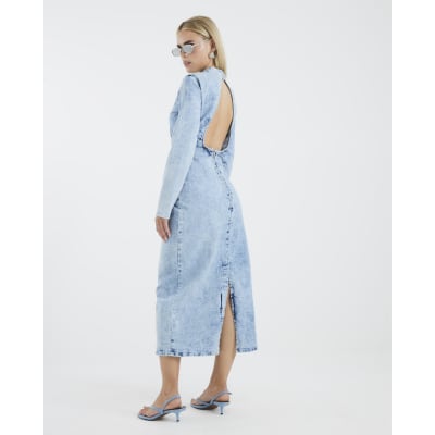 Petite Blue Denim Long Sleeve Midi Dress