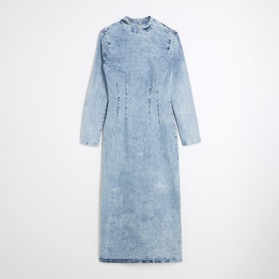 Petite Blue Denim Long Sleeve Midi Dress