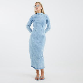 Petite Blue Denim Long Sleeve Midi Dress
