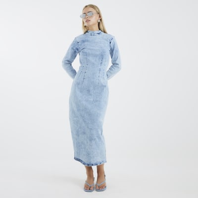 Petite Blue Denim Long Sleeve Midi Dress
