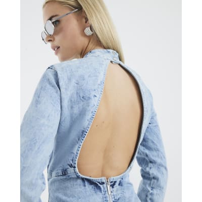 Petite Blue Denim Long Sleeve Midi Dress