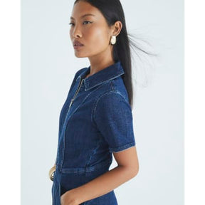 Petite Blue Denim Short Sleeve Zip Jumpsuit