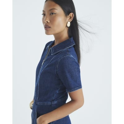 Petite Blue Denim Short Sleeve Zip Jumpsuit