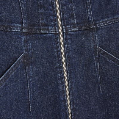 Petite Blue Denim Short Sleeve Zip Jumpsuit