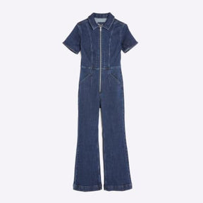 Petite Blue Denim Short Sleeve Zip Jumpsuit