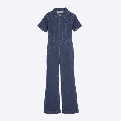 Petite Blue Denim Short Sleeve Zip Jumpsuit