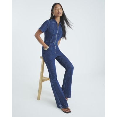 Petite Blue Denim Short Sleeve Zip Jumpsuit
