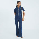 Petite Blue Denim Short Sleeve Zip Jumpsuit