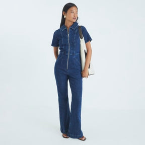 Petite Blue Denim Short Sleeve Zip Jumpsuit