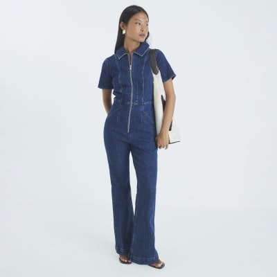 Petite Blue Denim Short Sleeve Zip Jumpsuit