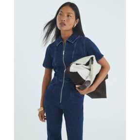 Petite Blue Denim Short Sleeve Zip Jumpsuit