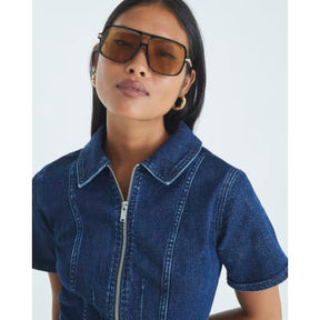 Petite Blue Denim Short Sleeve Zip Playsuit