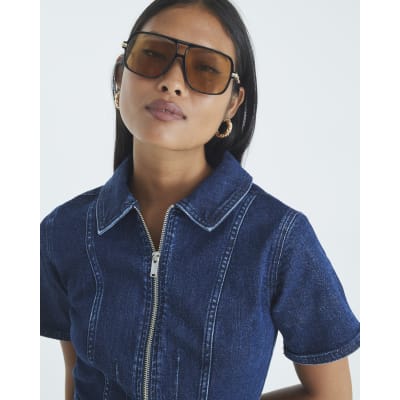 Petite Blue Denim Short Sleeve Zip Playsuit