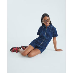 Petite Blue Denim Short Sleeve Zip Playsuit