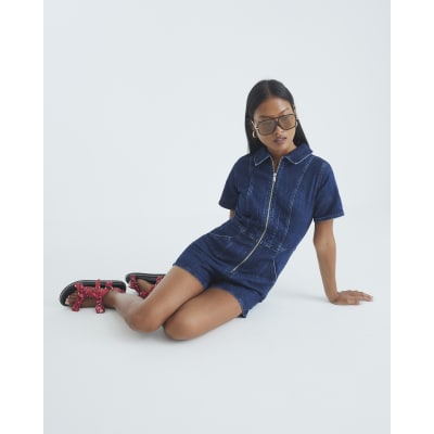 Petite Blue Denim Short Sleeve Zip Playsuit