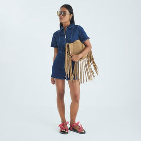 Petite Blue Denim Short Sleeve Zip Playsuit